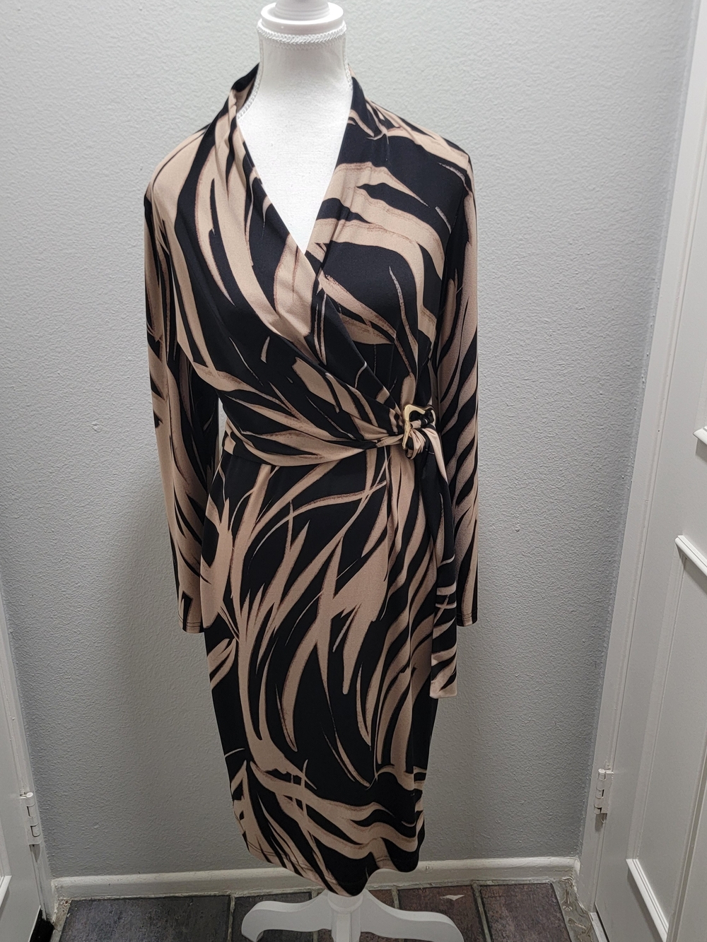 Joseph Ribkoff Black and Tan Abstract Wrap Midi Dress